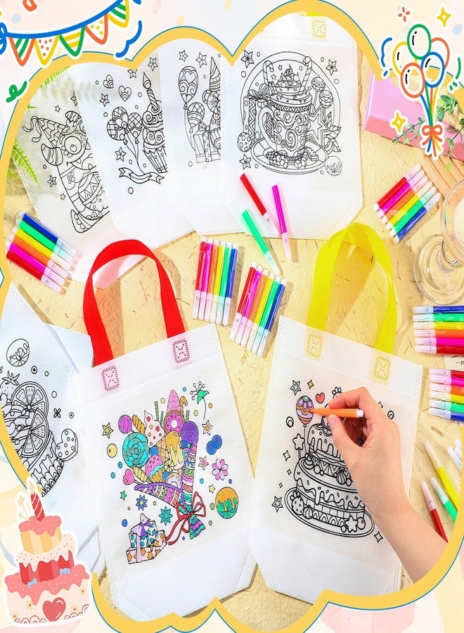 SilTriangle 24 Pieces Birthday Coloring Goodies Bags with 144 Makers Cake Recycle Bags DIY Painting Art Coloring Gifts Totes Color Your Own Totes for Kids Crafts Birthday Party Favors - Image 4